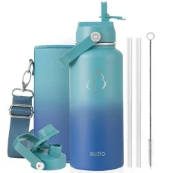 Buzio Duet Series Water Bottle with 2 Lids and Sleeve 1L - Cyan Blue